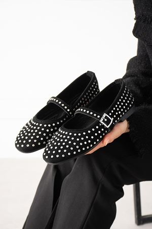 Gemma Siyah Süet Kristal Taş İşlemeli Nikel Tokalı Kemer Bantlı Babet