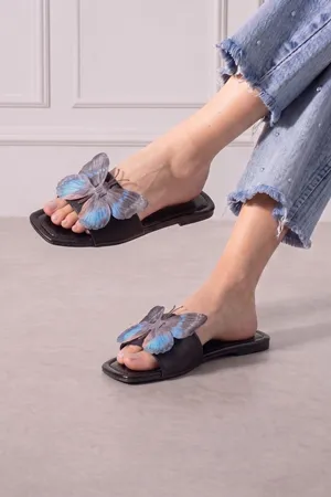 Papillon Siyah Kumaş Kelebek Detaylı Terlik