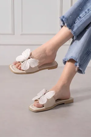 Papillon Bej Kumaş Kelebek Detaylı Terlik