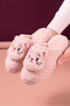 Jeydi Pudra Kedi Figürlü Peluş Kışlık Kadın Ev Terliği 