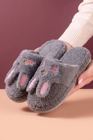 Towy Gri Tavşan Atkı Detaylı Peluş Kadın Kışlık Ev Terliği