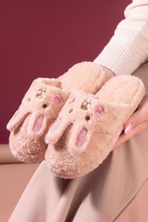 Towy Pudra Tavşan Atkı Detaylı Peluş Kadın Kışlık Ev Terliği