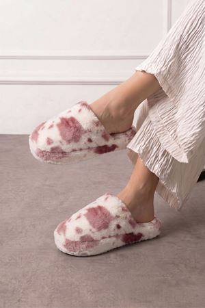 Moofy Bordo Benekli Beyaz Peluş Kadın Kışlık Ev Terliği