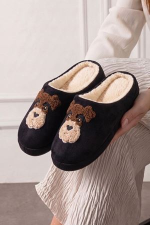 Howy Siyah Köpek Figürlü Peluş Ev Terliği İçi Yumuşak Kışlık Kapalı Terlik