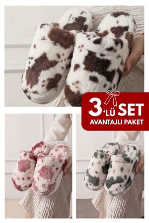 Moofy 3 lü Paket Ev Terliği Çeyiz Terliği Kışlık Terlik Ses Yapmaz Hafif Taban Kapalı Kadın Ev Terliği 
