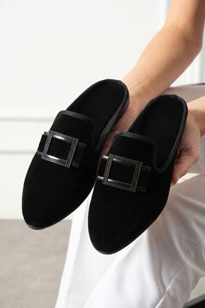 Lumo Siyah Tokalı Kadife Dokulu Elegant Nişan Çeyiz Bohça Misafir Ev Terliği
