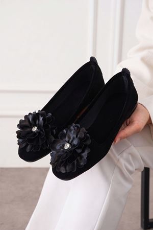Loti Siyah Çiçek Aksesuarlı Kadife Dokulu Elegant Nişan Çeyiz Bohça Misafir Ev Babeti