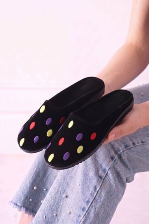 Polka Renkli Puantiye Nakışlı Siyah Kadife Dokulu Gondol Kalıp Kadın Ev Terliği