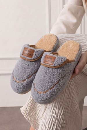 Homi Gri Saraçlı Peluş Kadın Kışlık Ev Terliği