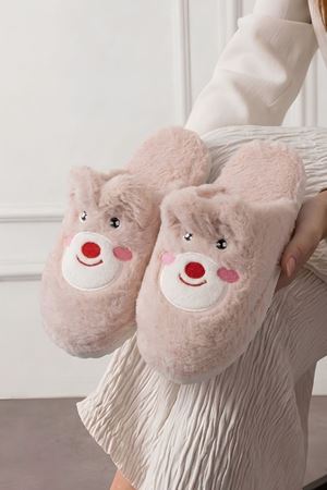 Pobi Pudra Ayıcık Figürlü Peluş Kadın Kışlık Ev Terliği