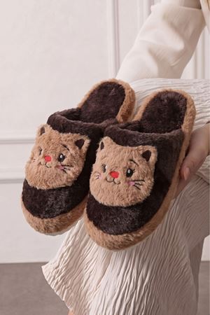 Jeydi Kahverengi Vizon Kedi Figürlü Peluş Kışlık Kadın Ev Terliği