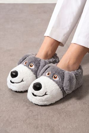 Pochi Gri Köpek Figürlü Panduf Peluş Kadın Ev Terliği