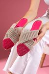 Simpa Fuşya Vizon İki Renkli Önü Kapalı Çapraz Bant Detaylı Örgü Triko Terlik 