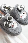 Papy Gri Papyonlu Karakter Nakışlı Peluş Kadın Sessiz Tabanlı Ev Terliği 