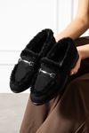 Lorven Siyah Süet Tokalı Peluş Şerit Detaylı Loafer Babet Günlük Ayakkabı