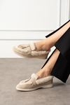 Ravon Bej Süet Mini Aksesuarlı Peluş Şerit Detaylı Loafer Babet Günlük Ayakkabı