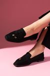Viona Siyah Süet Saraçlı Mini Fiyonk Aksesuarlı Loafer Babet