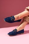 Arven Lacivert Süet Saraçlı Gold Tokalı Loafer Babet