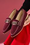 Cassia Bordo Simli Kumaş Gold Zincir Aksesuarlı Loafer Babet