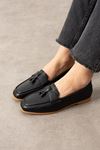 Padova Siyah Cilt Püsküllü Ahşap Boncuk Detaylı Loafer Babet Günlük Ayakkabı