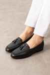 Novera Siyah Örgü Dikiş Saraçlı Boncuk Püsküllü Loafer Babet Günlük Ayakkabı