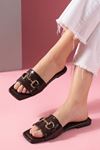 Lindos Kahverengi Kırışık Rugan Gold Tokalı Şık Kadın Günlük Terlik