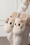 Mochi Beyaz Bej Kurdele Detaylı Kedi Figürlü Peluş Kadın Kışlık Ev Terliği