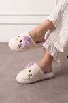 Mochi Beyaz Lila Kurdele Detaylı Kedi Figürlü Peluş Kadın Kışlık Ev Terliği