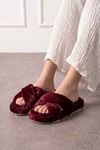 Krossa Bordo Çapraz Bantlı Peluş Kadın Kışlık Ev Terliği
