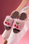 Gummy Pudra Kiraz Ponpon Aksesuarlı Peluş Kadın Ev Terliği