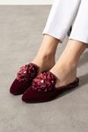Peoni Bordo Çiçek Aksesuarlı Kadife Dokulu Elegant Nişan Çeyiz Bohça Misafir Ev Terliği